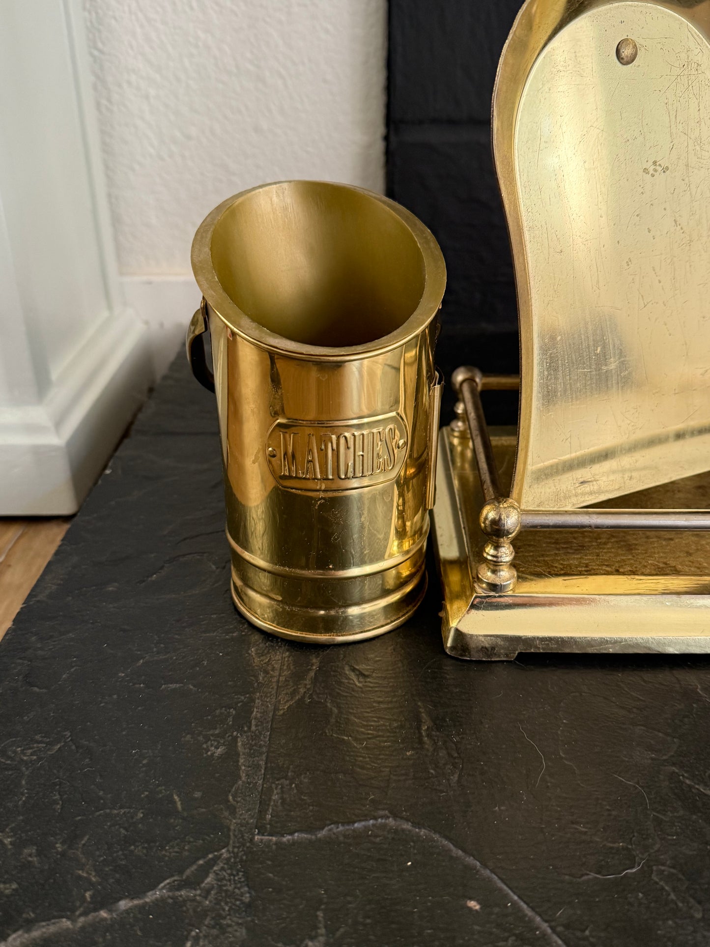 Vintage Brass Fireplace Tool Set with Match Holder