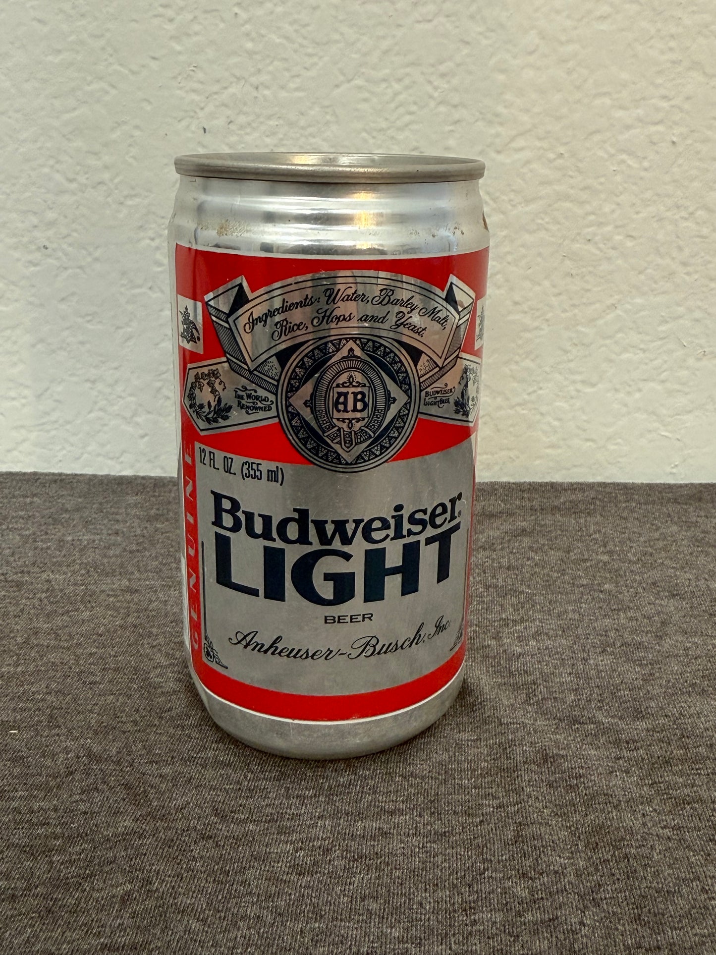 Budweiser Light beer can on a textured surface