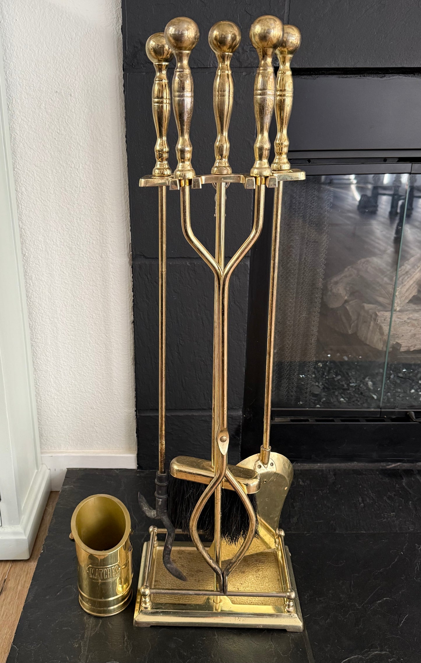Vintage Brass Fireplace Tool Set with Match Holder
