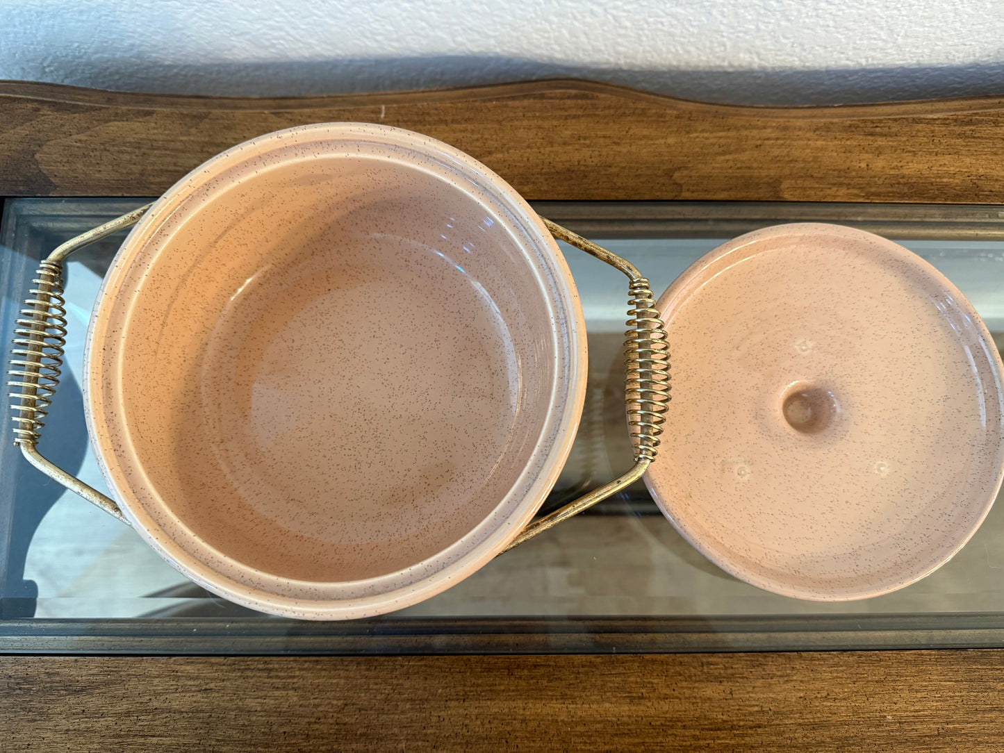 Vintage Bauer Monterey Speckled Pink Ceramic Casserole Dish with Stand