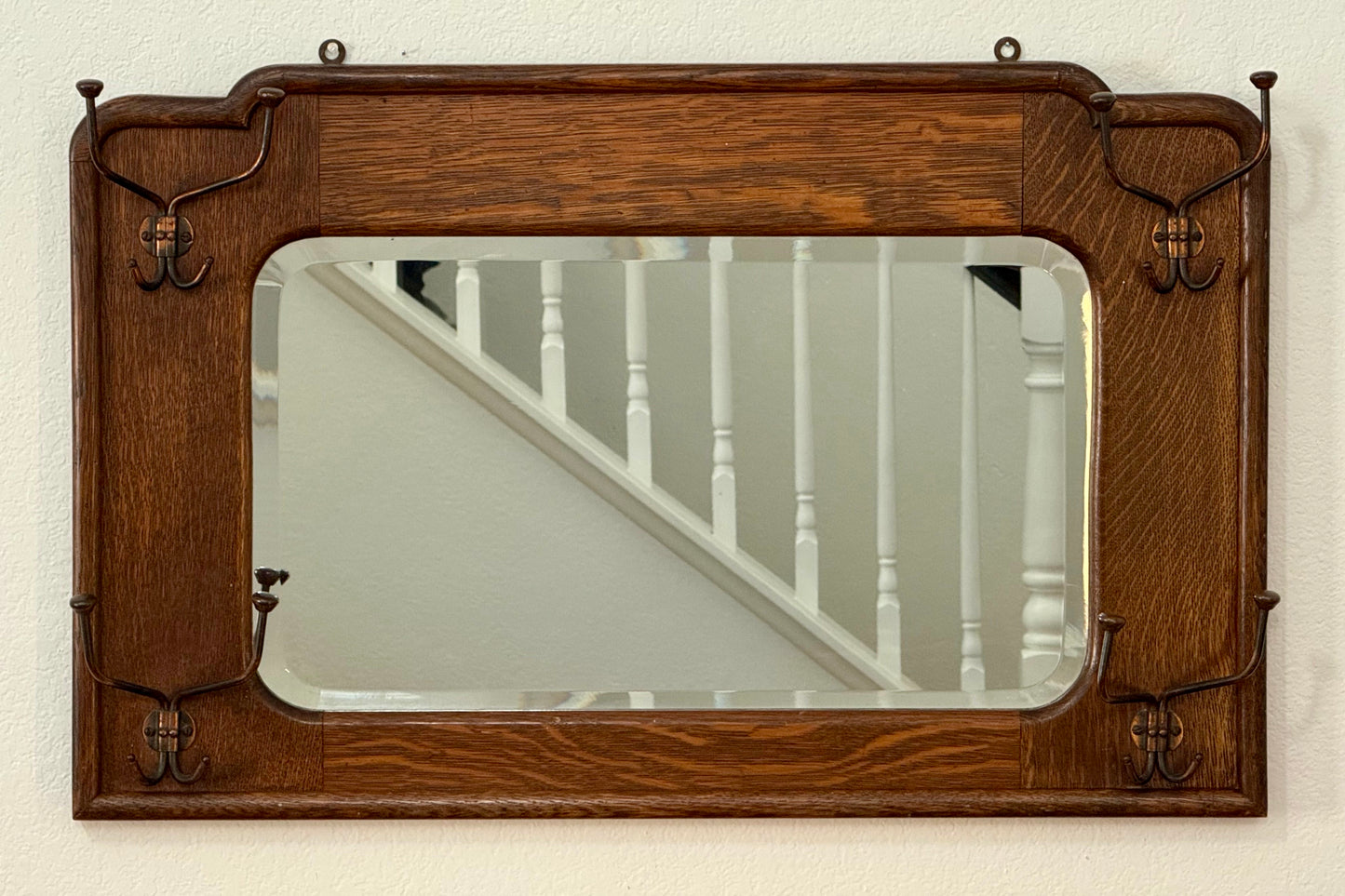 Antique Tiger Oak Mirror with Hooks
