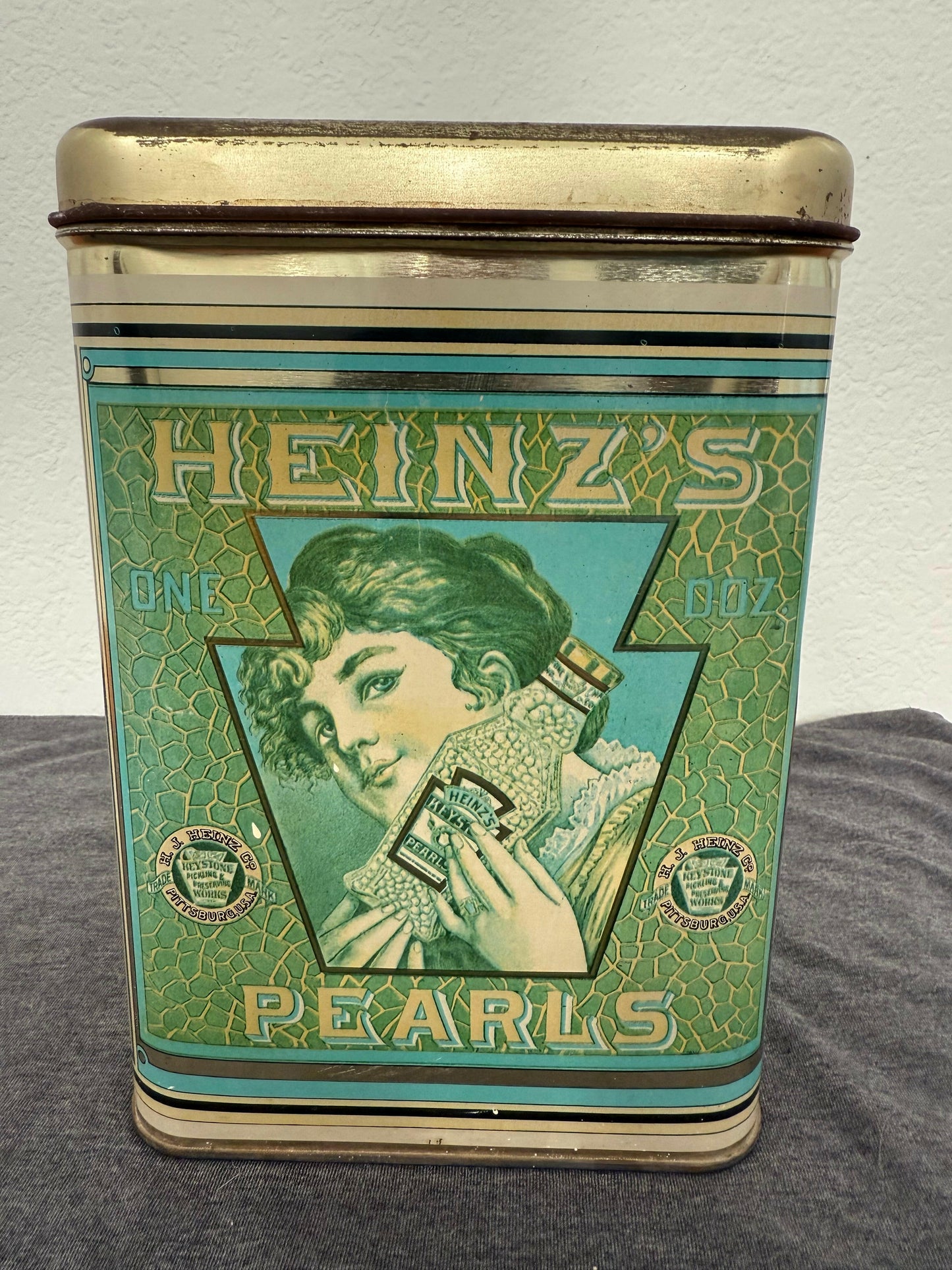 Vintage Heinz Pearls can on a plain background