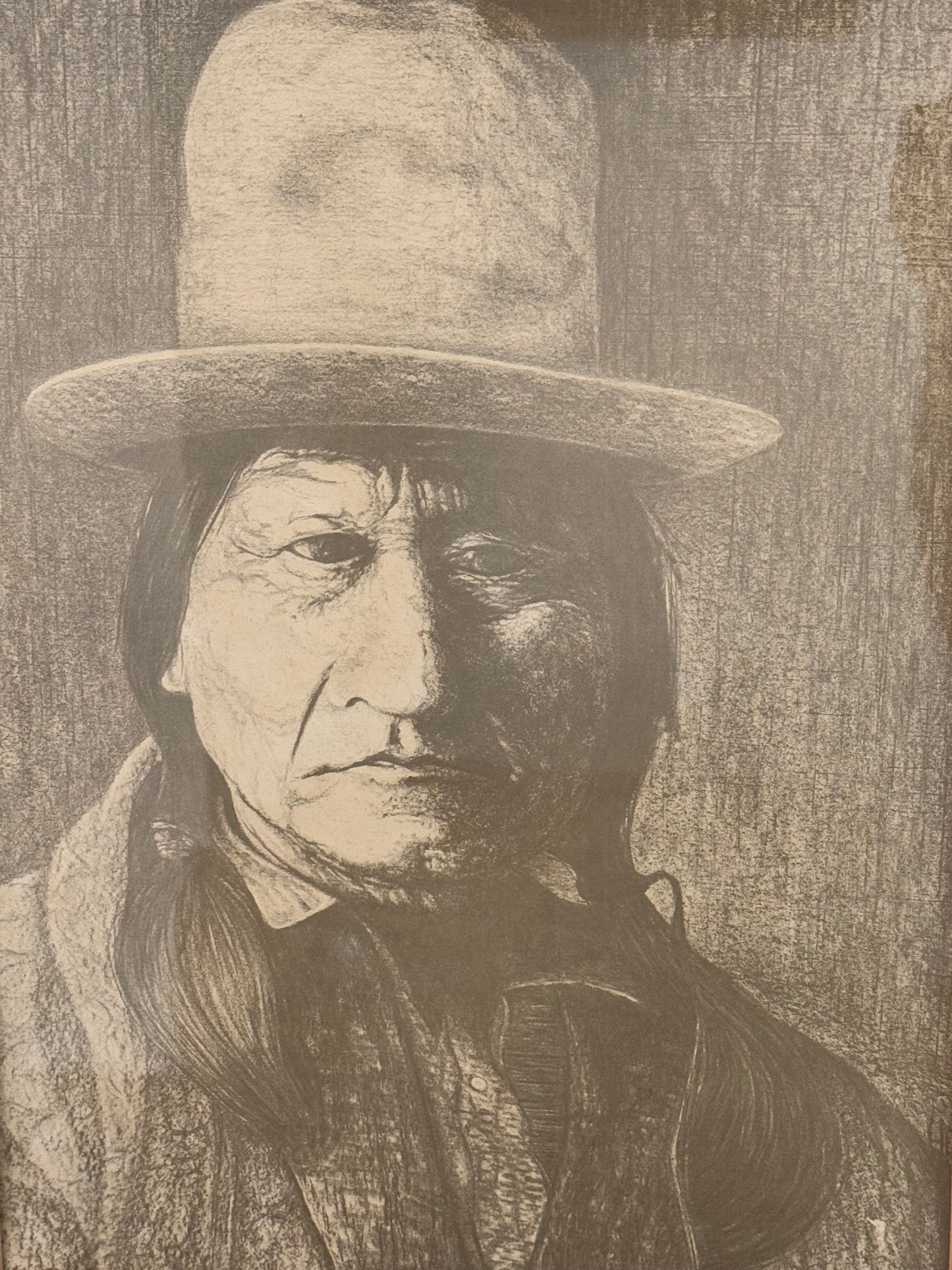 Black and white etching of Sitting Bull wearing a top hat with a textured background