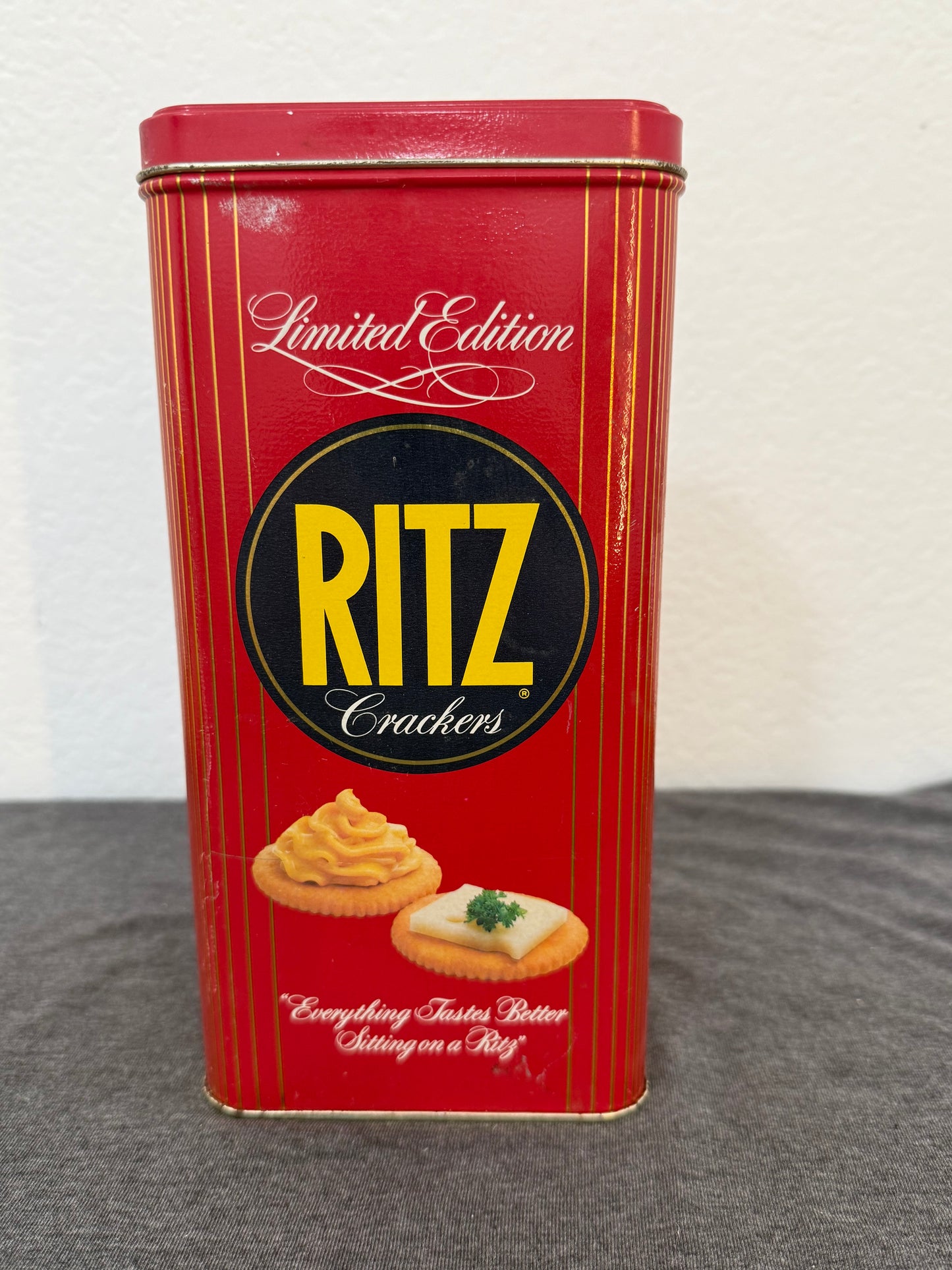 Red Ritz crackers tin with a white background
