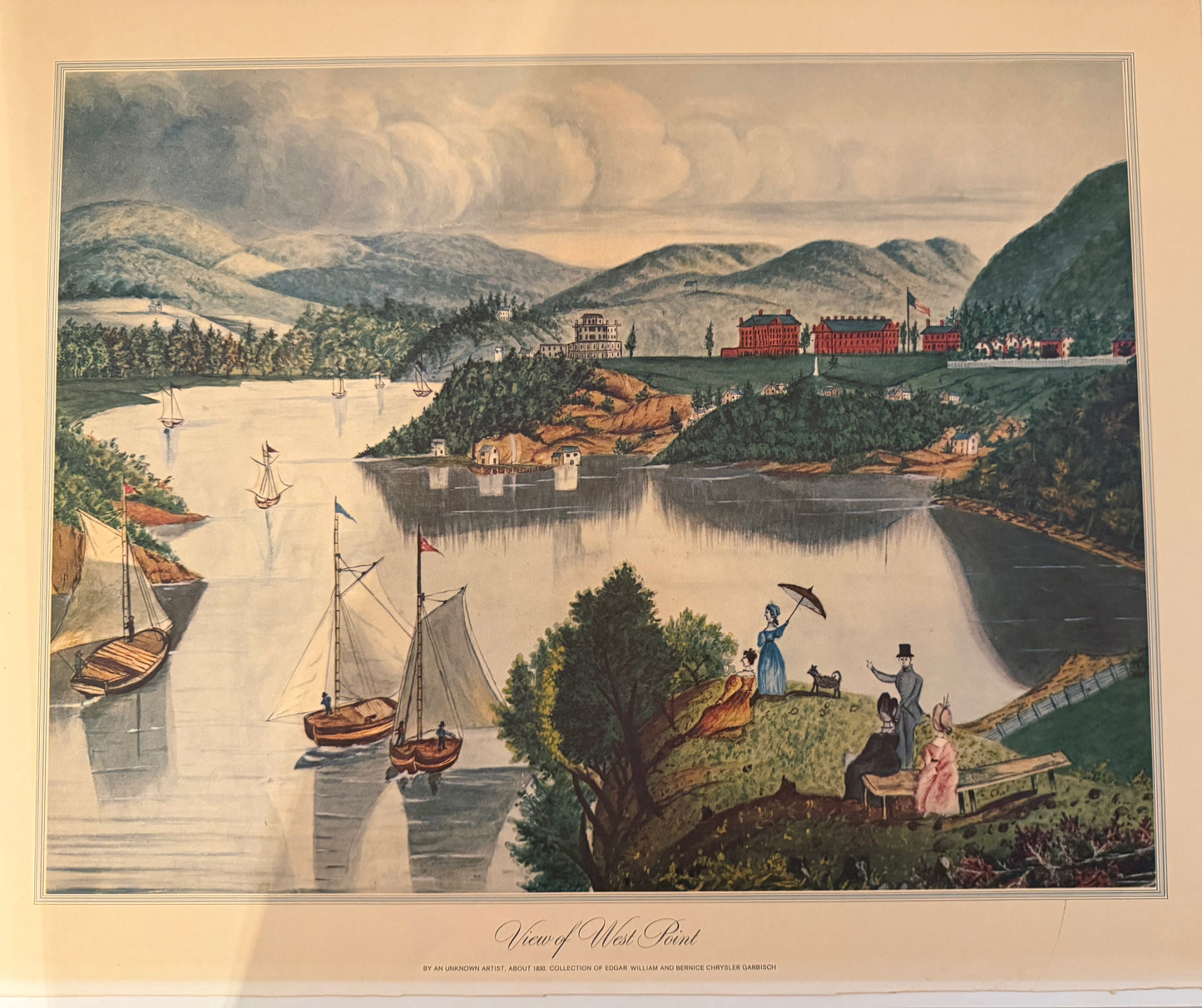 Vintage illustration of a lakeside scene with boats, people, and a building.