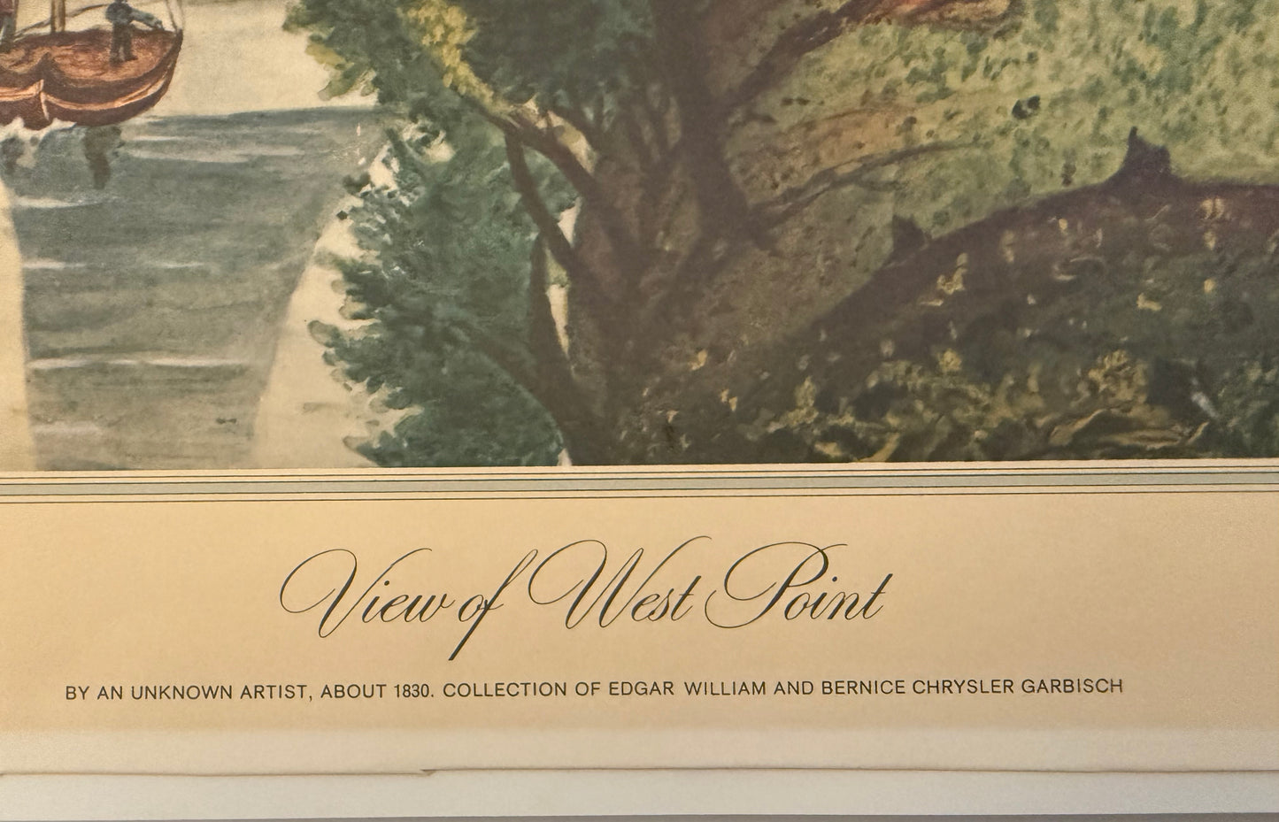 Vintage illustration of a view of West Point with a tree and path, labeled by an unknown artist.