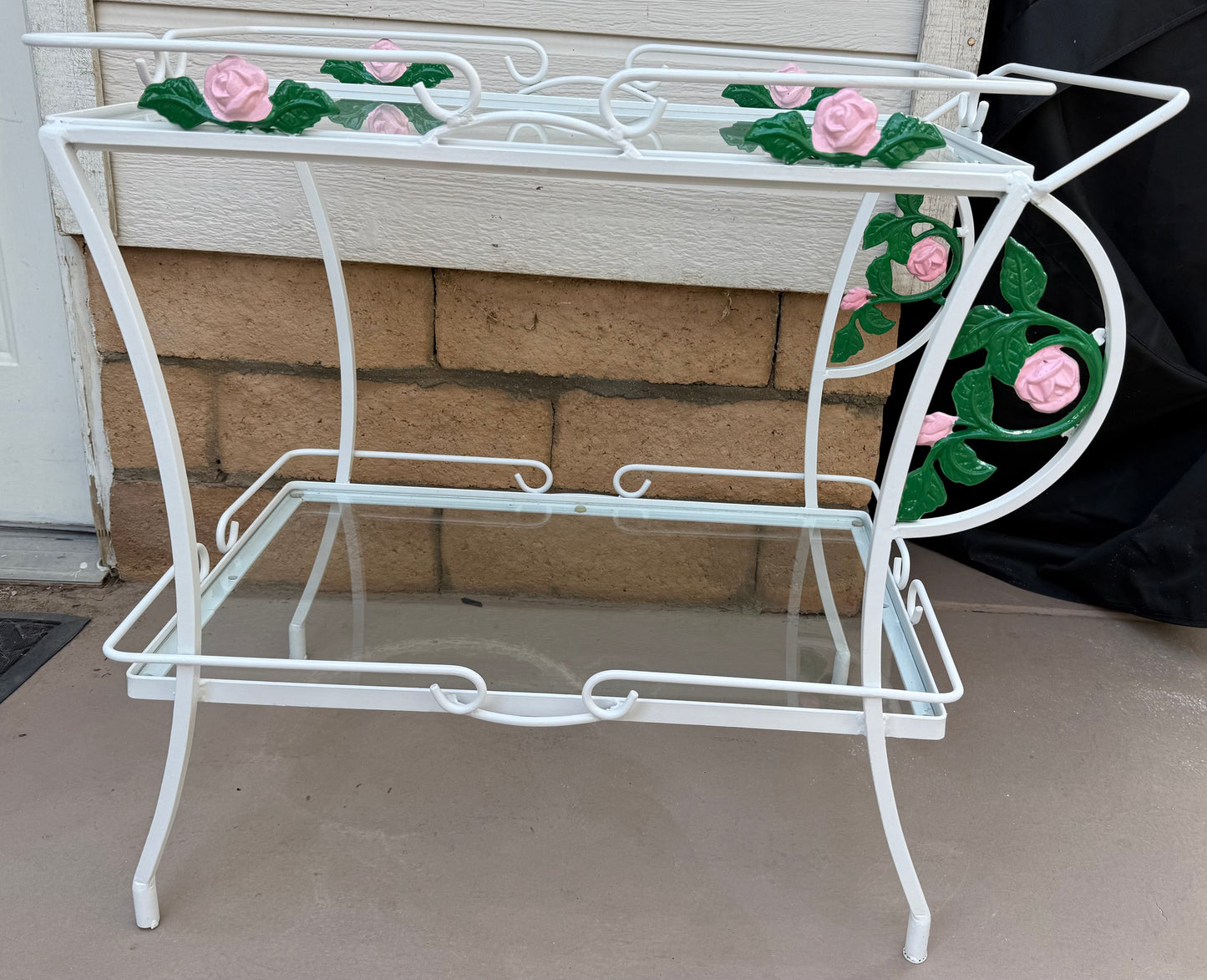 1950s Wrought Iron Tea Cart with Glass Shelves and Floral Motifs