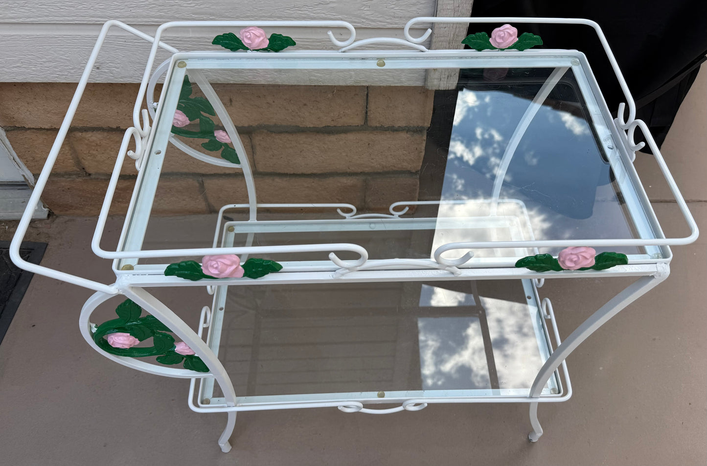 1950s Wrought Iron Tea Cart with Glass Shelves and Floral Motifs