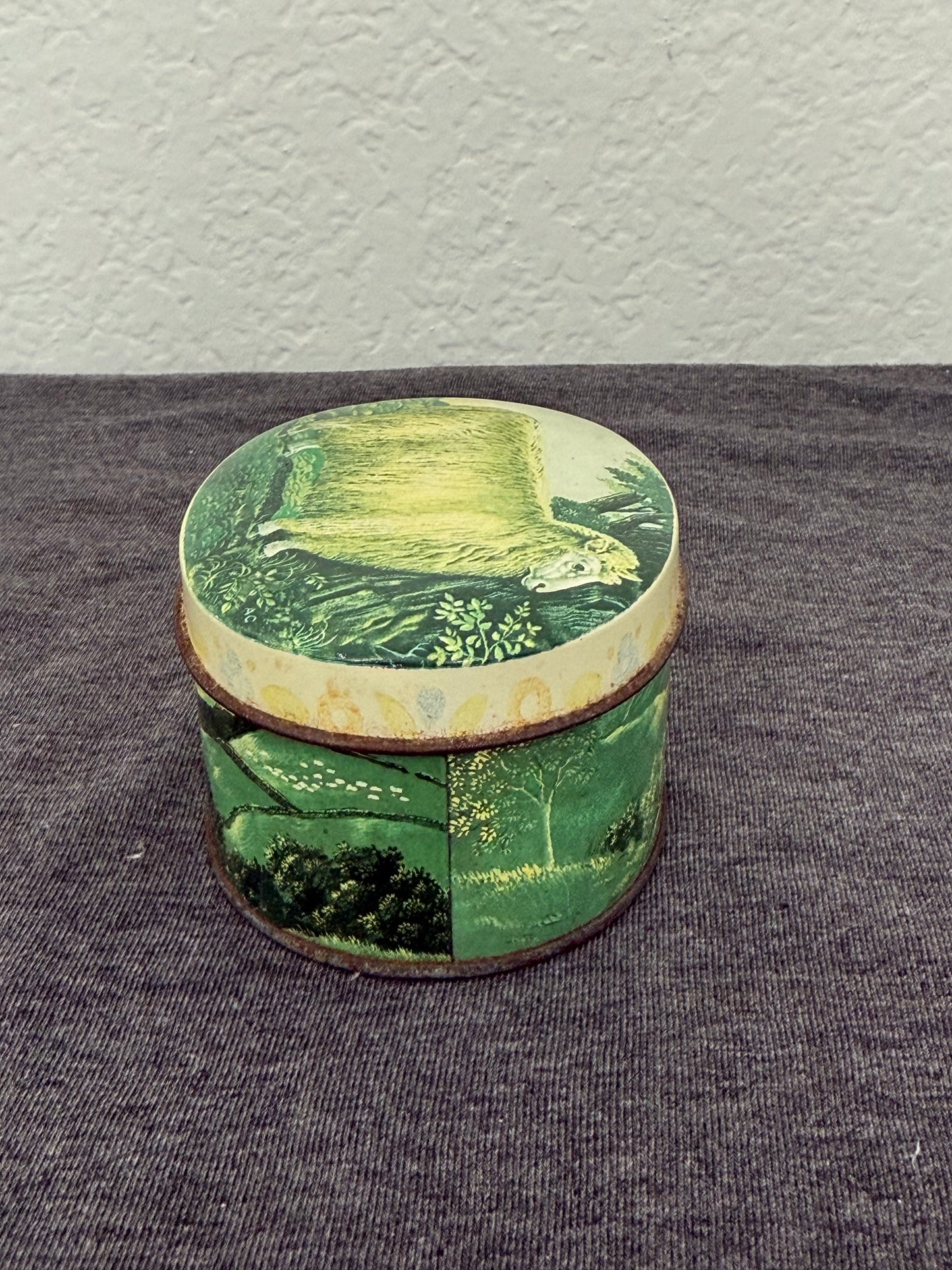 Small round box with a green design featuring a goat on a gray surface.