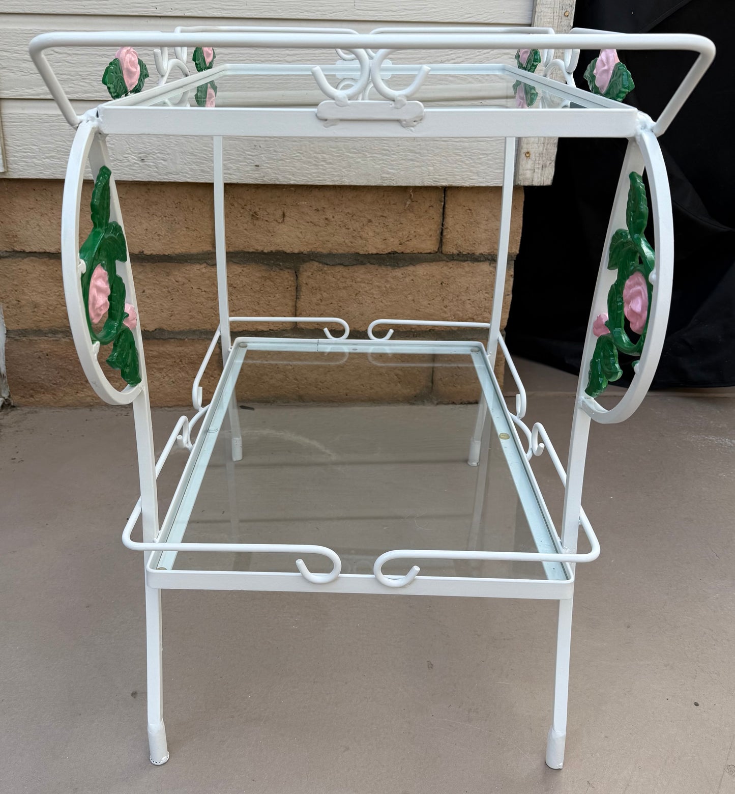 1950s Wrought Iron Tea Cart with Glass Shelves and Floral Motifs