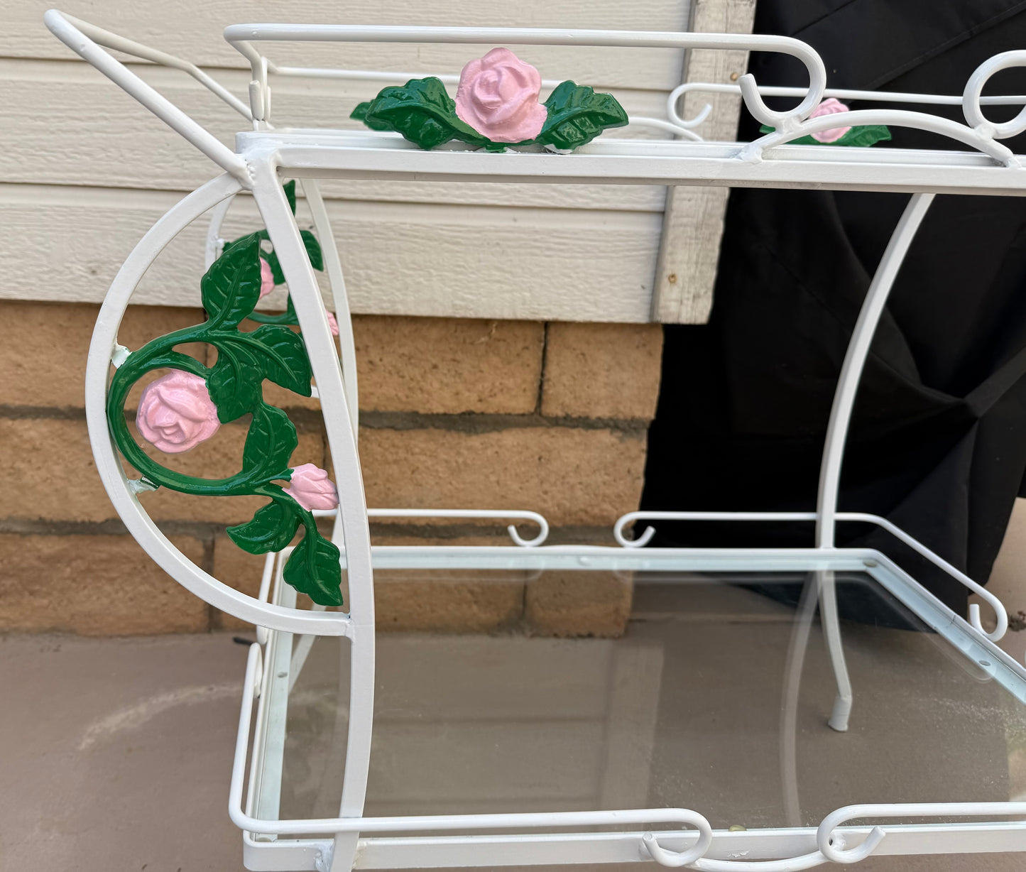 1950s Wrought Iron Tea Cart with Glass Shelves and Floral Motifs