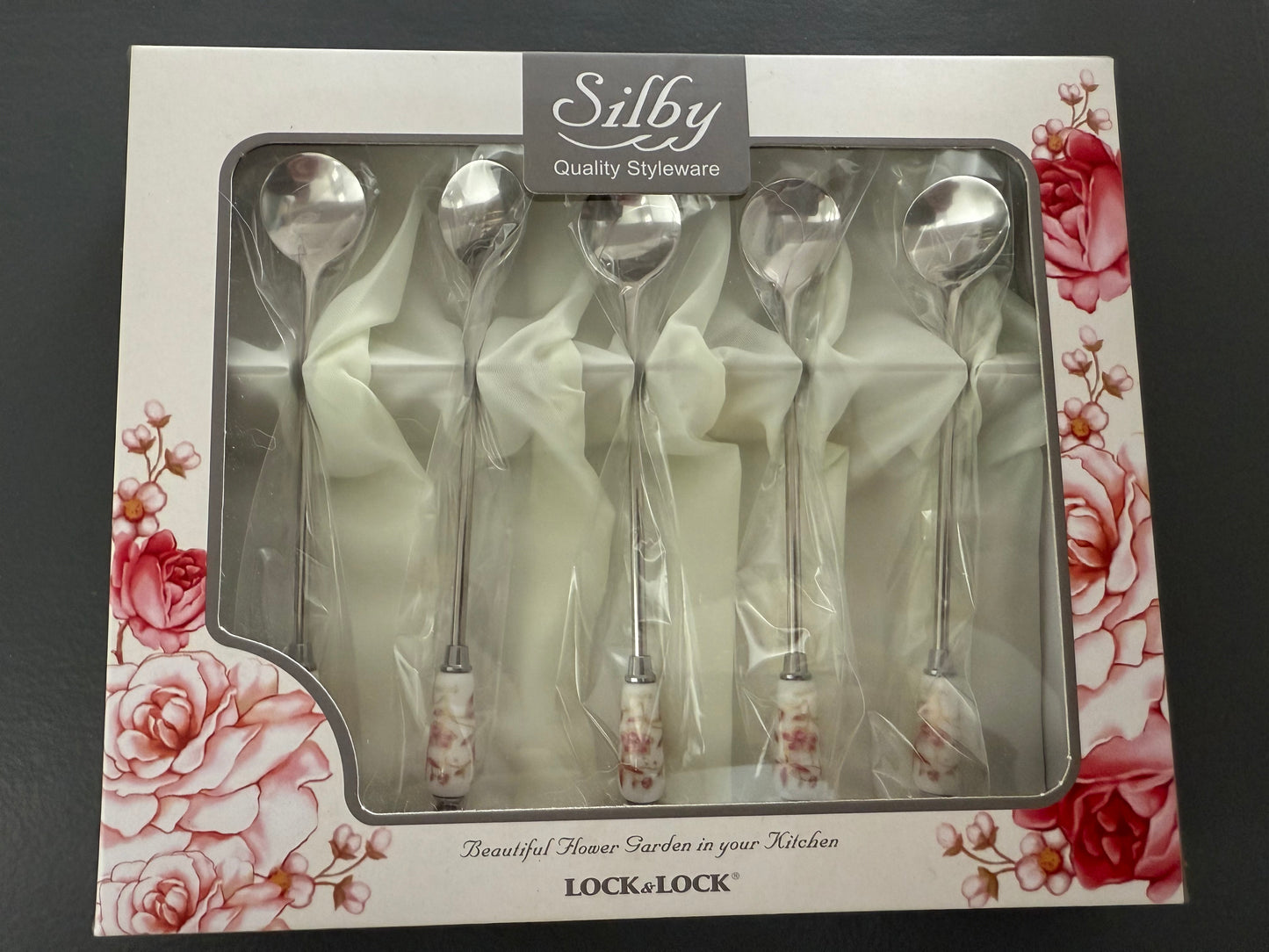 Silby 5 Piece Floral Pattern Teaspoons with Holder Brand New in Box
