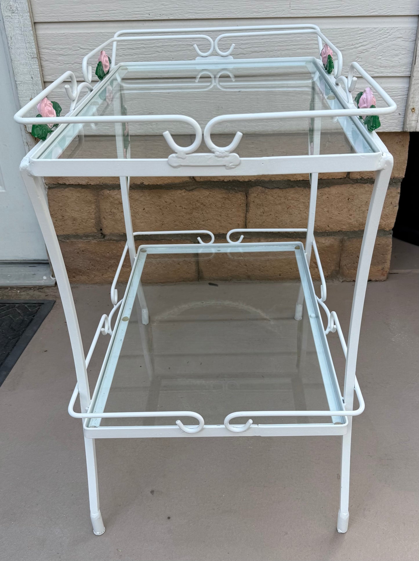 1950s Wrought Iron Tea Cart with Glass Shelves and Floral Motifs