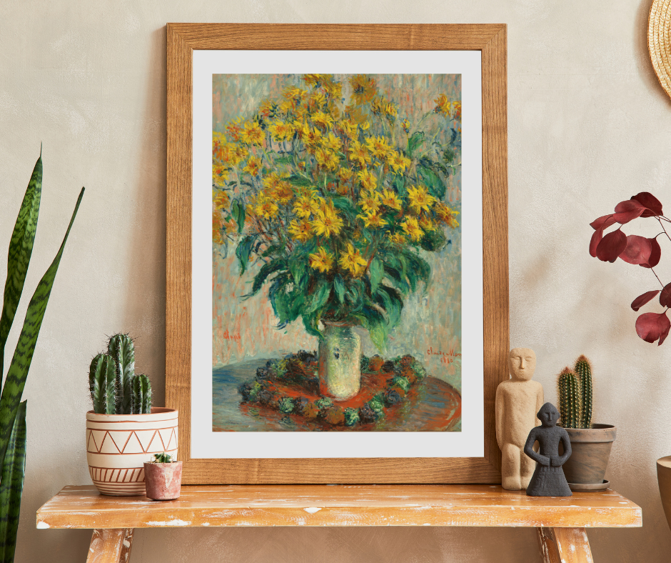 painting of flowers in a vase sititing on a shelf with cactuses 