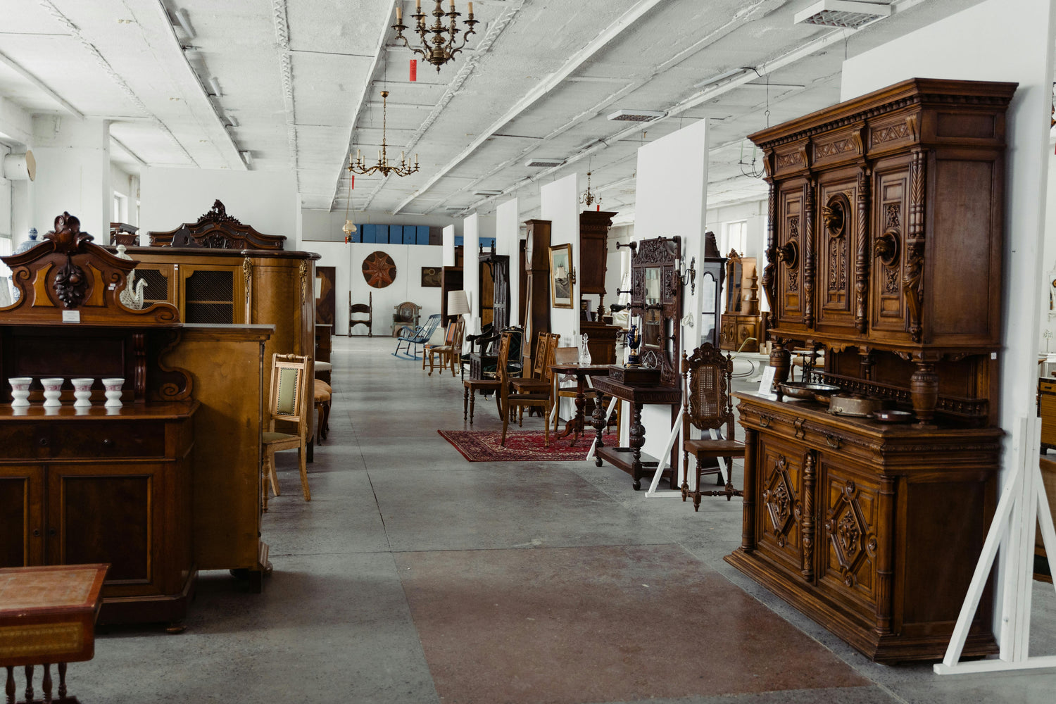 Warehouse of vintage wood furniture