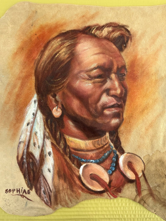 Artistic depiction of a Native American figure with traditional jewelry and headdress on animal hide background.