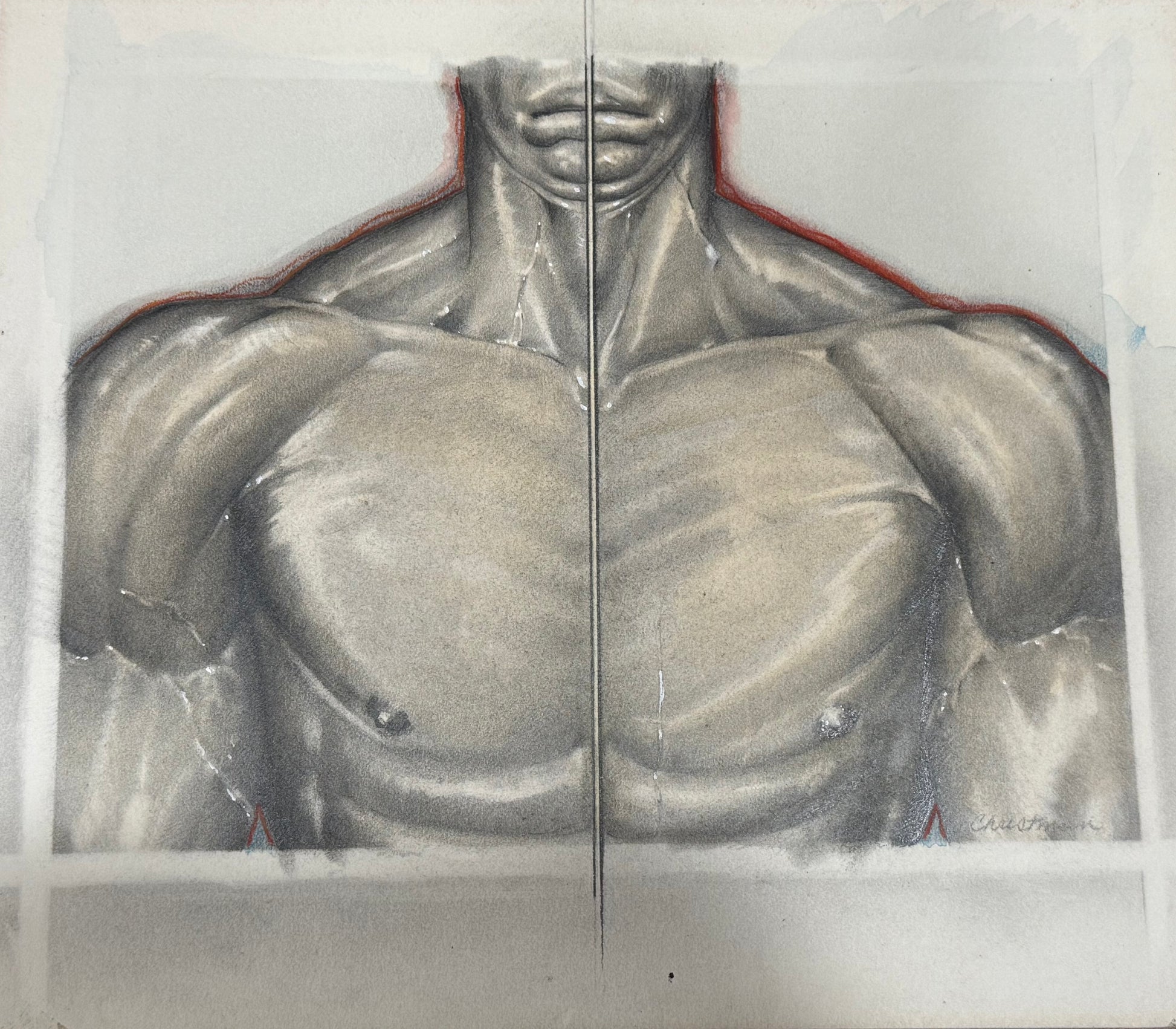Artistic depiction of a muscular torso with a grid overlay