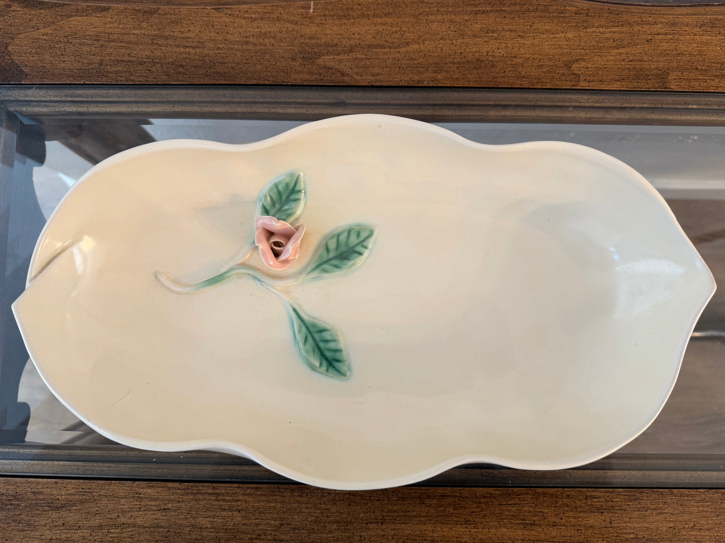 Vintage 1940s Haldeman California Pottery Serving Dish with Pink Rose