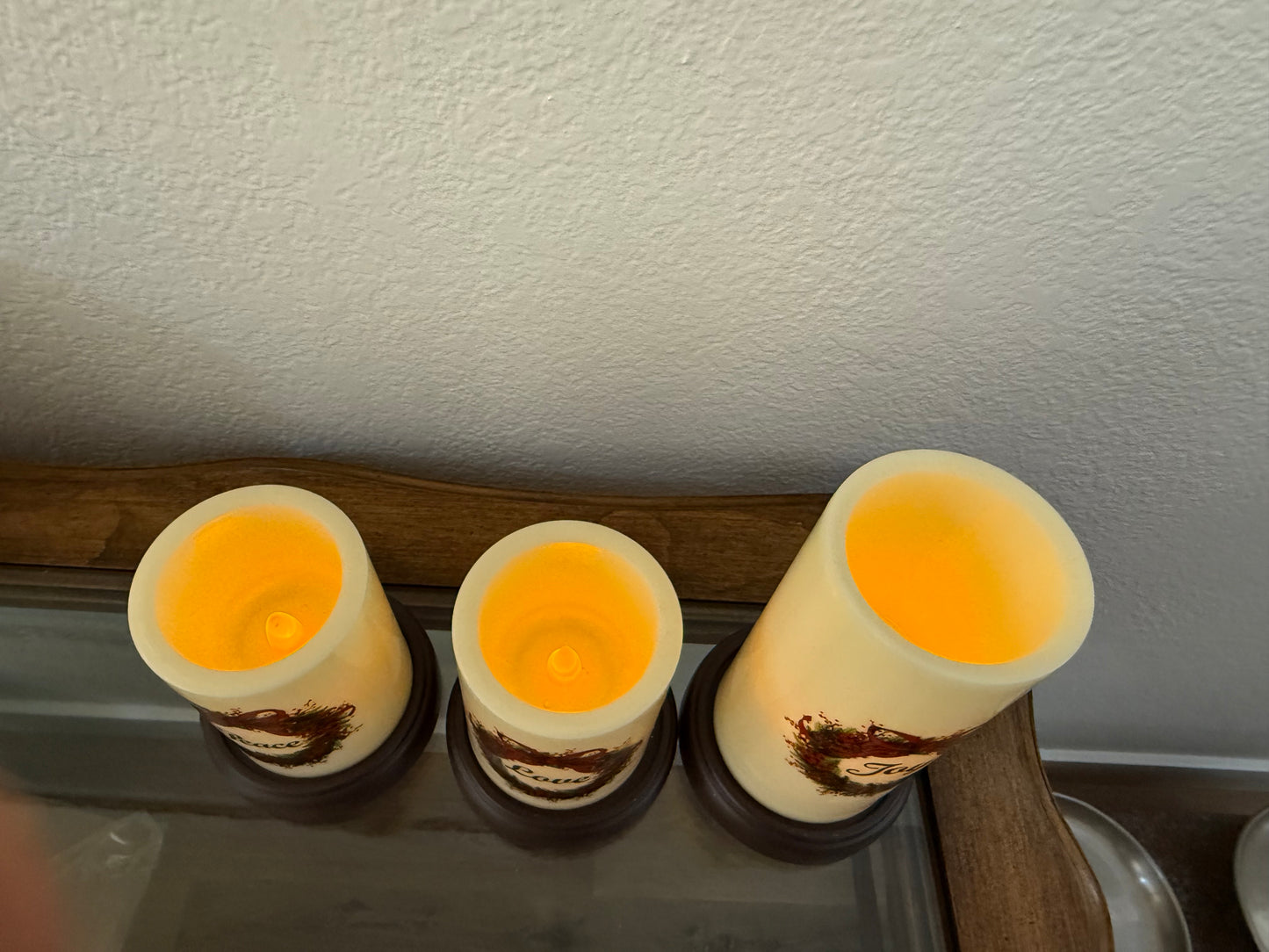 Set of 3 Flameless LED "Peace, Love, Joy" candles with Base