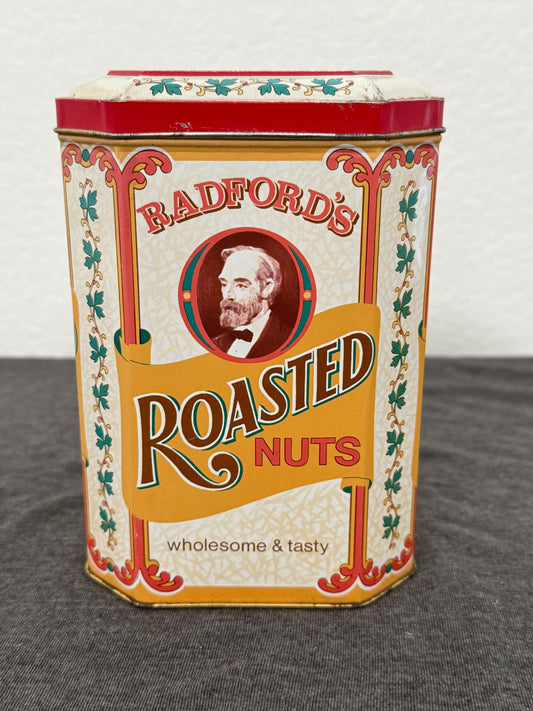 Vintage-style packaging for 'Radford's Roasted Nuts' on a white and gray background
