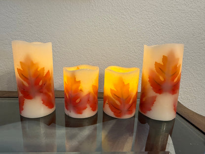 Set of 4 Flameless LED Pillar Candles with Maple Leaf Decoration