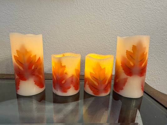 Set of 4 Flameless LED Pillar Candles with Maple Leaf Decoration