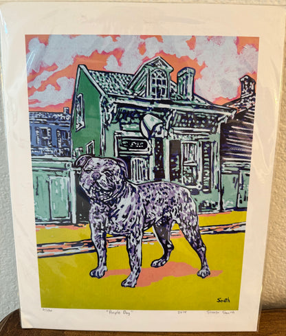 Colorful illustration of a dog in front of a stylized building on a white background