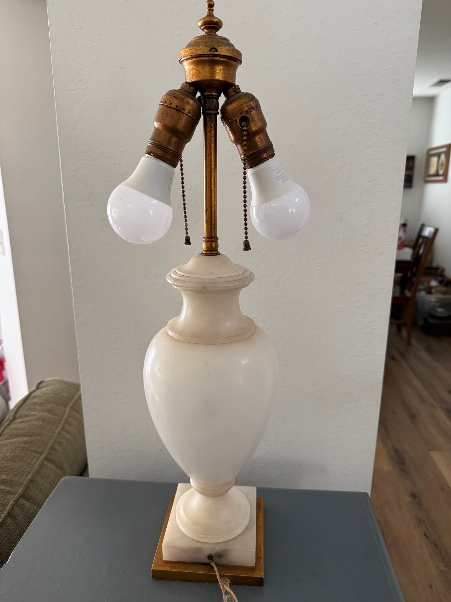 Antique Alabaster Urn Lamp on Marble Base with Dual Sockets