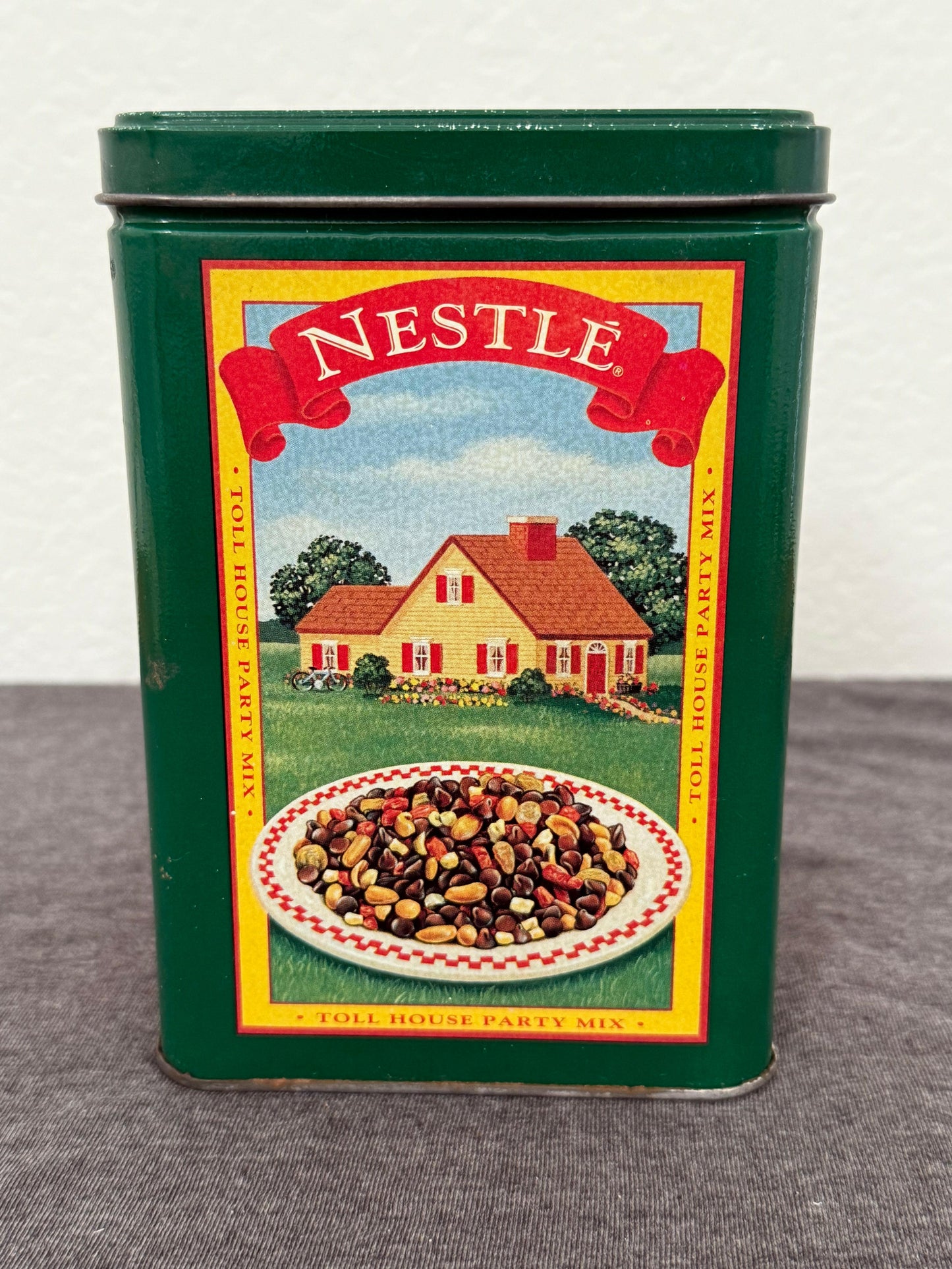 Vintage Nestle Toll House Party Mix packaging on a gray background