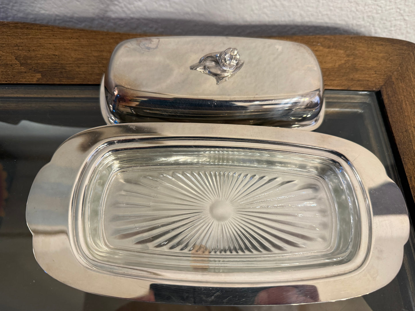 Vintage Oneida Butter Dish with a Floral Handle and Glass Dish Insert