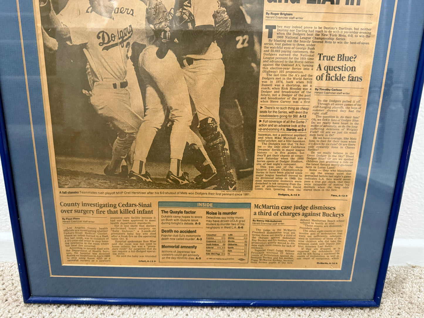 Framed Newspaper Celebrating the Dodgers 1988 National League Championship Series Win Over the Mets