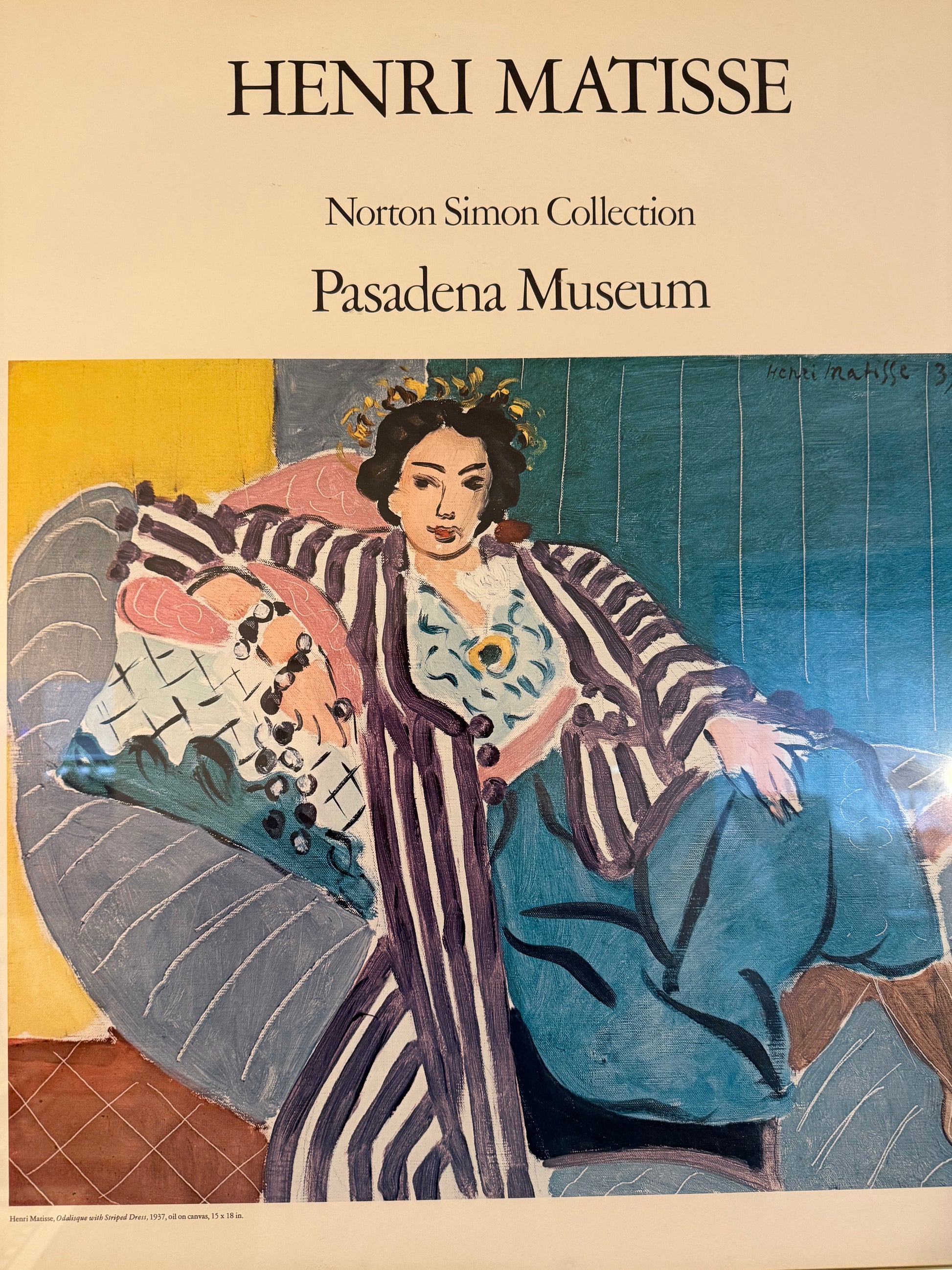 Artistic depiction of a woman in a blue dress with a fish, featuring Henri Matisse's work at the Pasadena Museum.