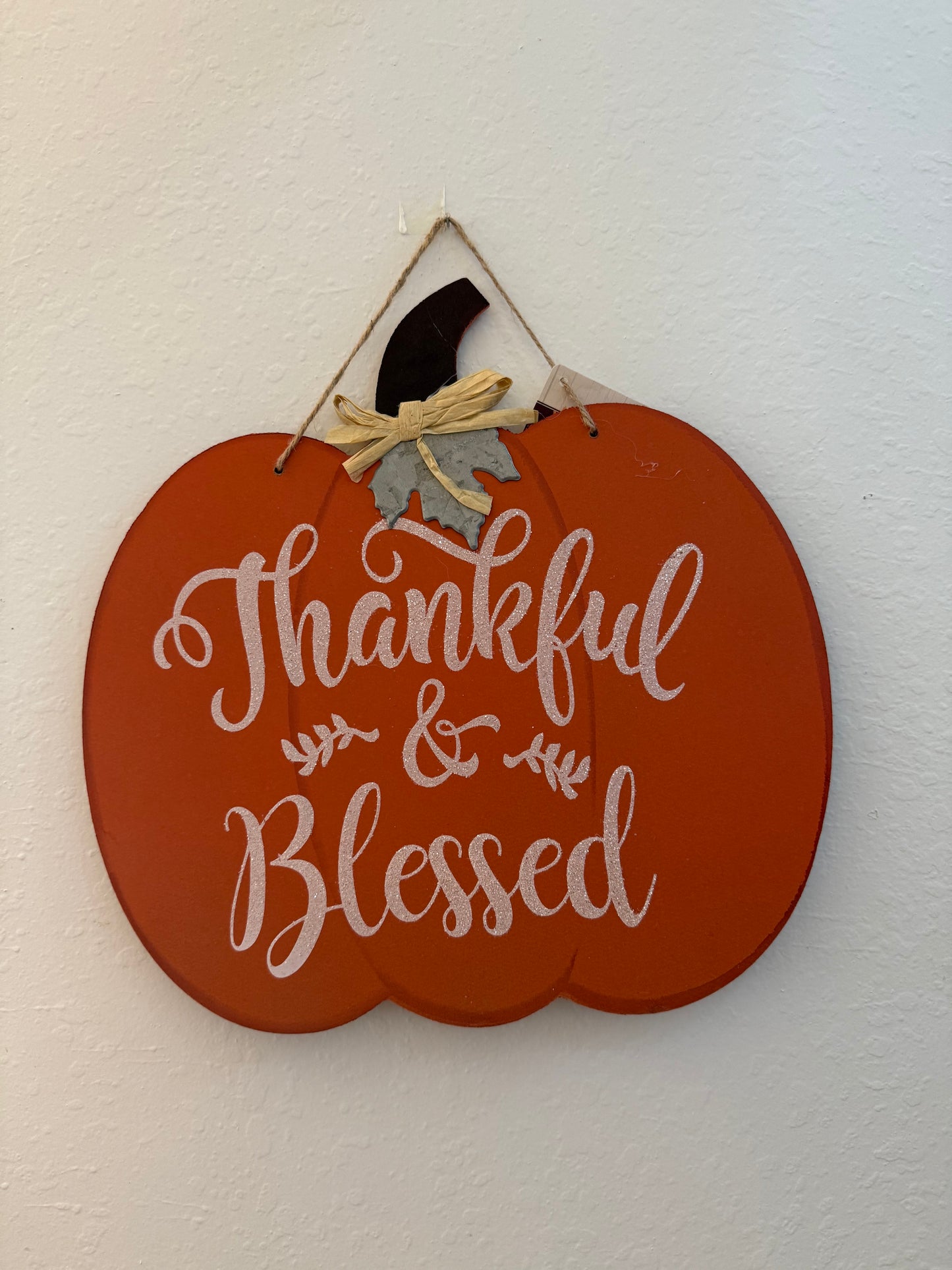Hanging Pumpkin Shaped Wood "Thankful & Blessed" Sign