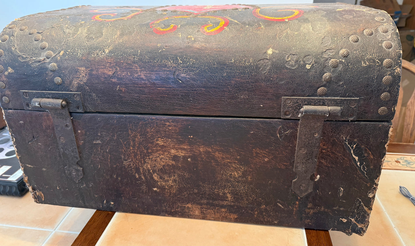 Rare Antique Hand Painted Wooden Domed Trunk from the early 1800s