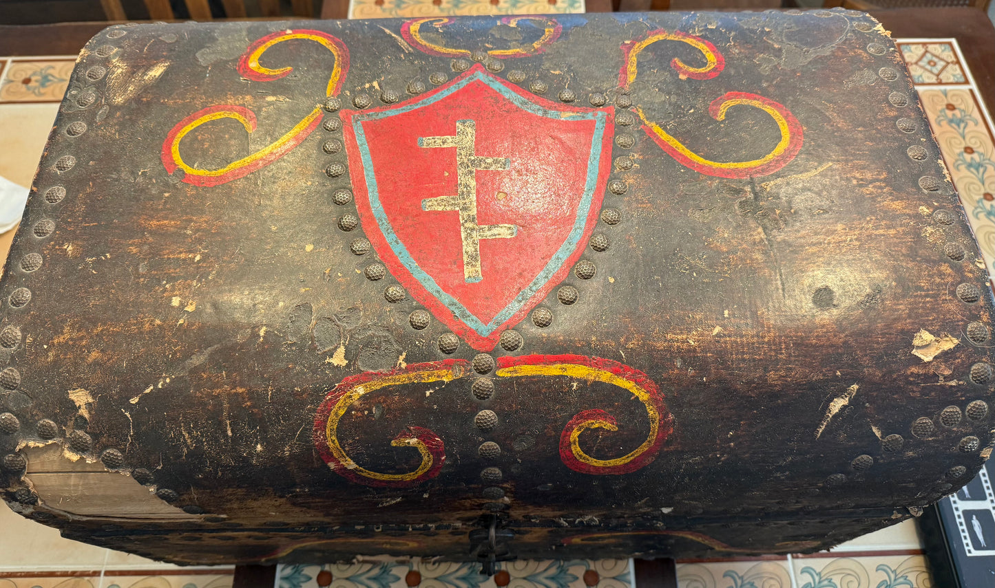 Rare Antique Hand Painted Wooden Domed Trunk from the early 1800s