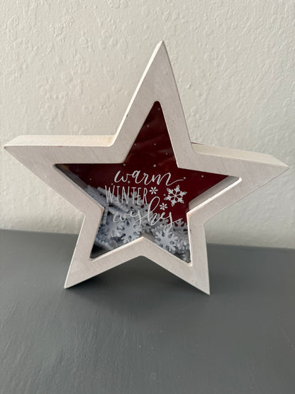 White Star Shaped Sign with Snowflakes and "Warm Winter Wishes" Text