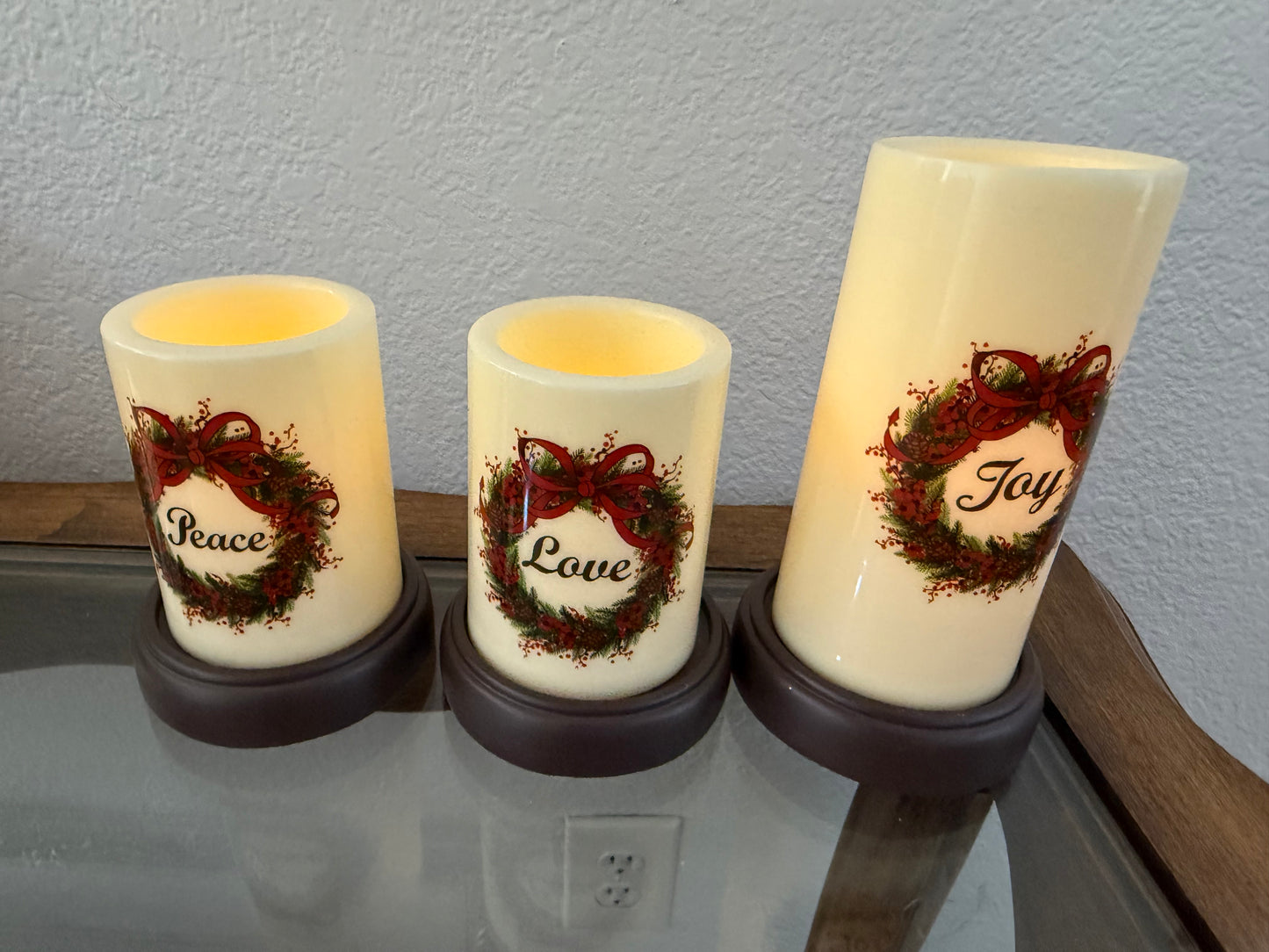 Set of 3 Flameless LED "Peace, Love, Joy" candles with Base