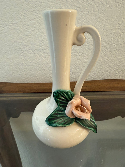 Vintage Cream-Colored Bud Vase with Applied Rose Circa 1940-1950