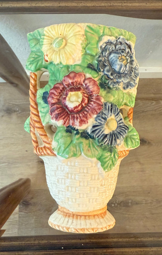 Vintage "Basket of Flowers" Ceramic Wall Pocket Vase Made in Japan