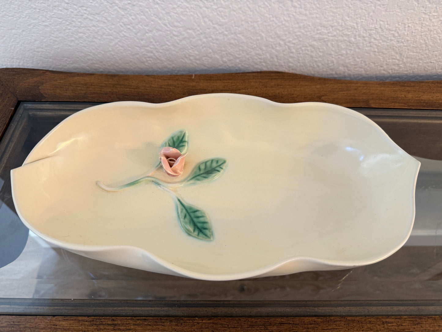 Vintage 1940s Haldeman California Pottery Serving Dish with Pink Rose