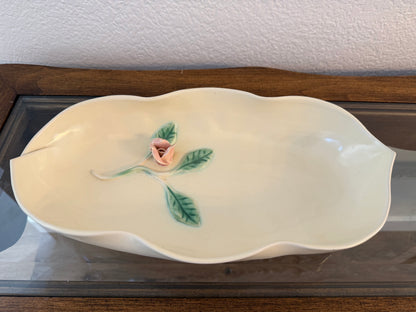 Vintage 1940s Haldeman California Pottery Serving Dish with Pink Rose