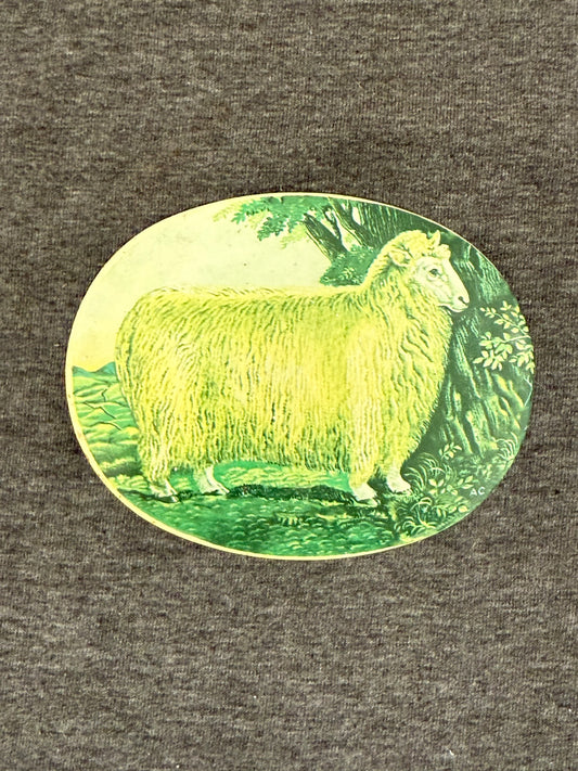 Oval-shaped decorative item with a green border featuring a sheep on a textured gray background