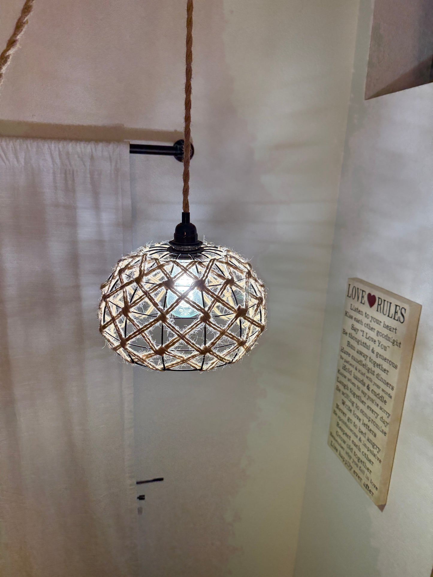 Modern Rustic Rope & Wire Cage Pendant Light Fixture