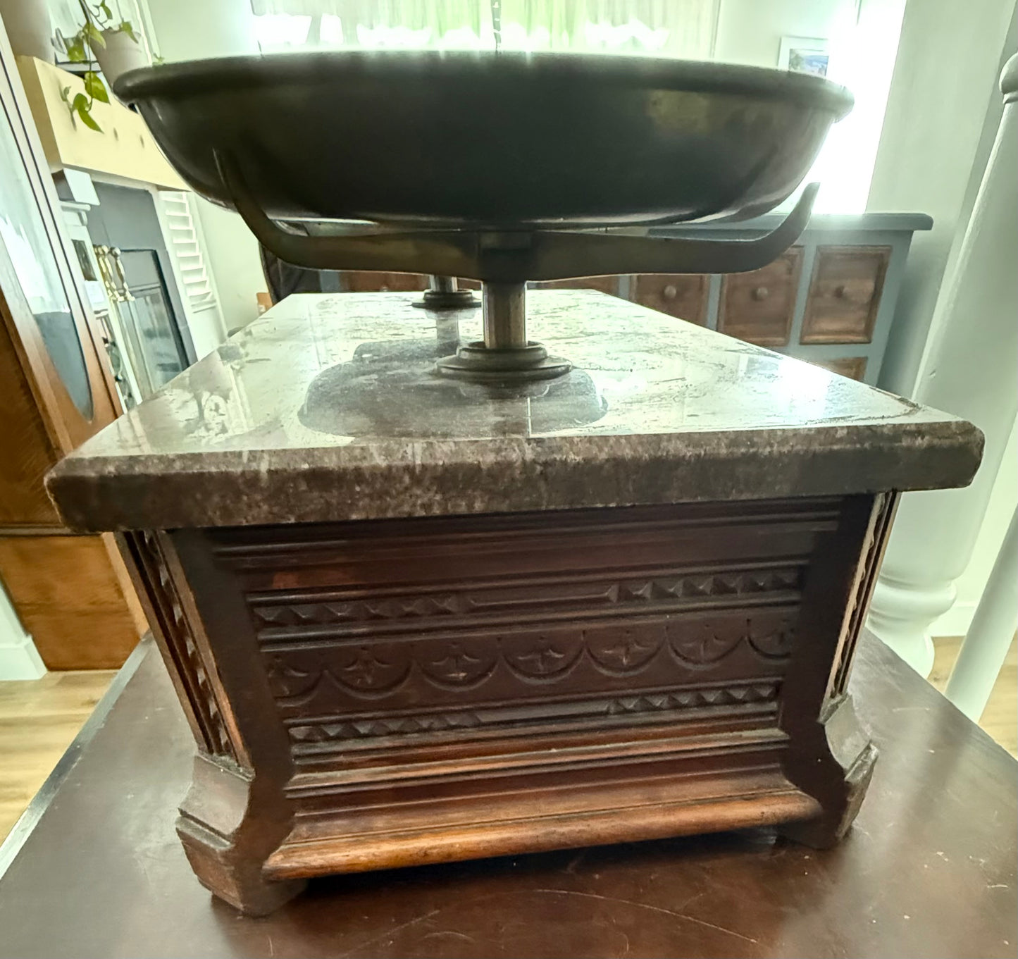 Antique Napoleon III Style Balance Scale with Marble Top & Wooden Base