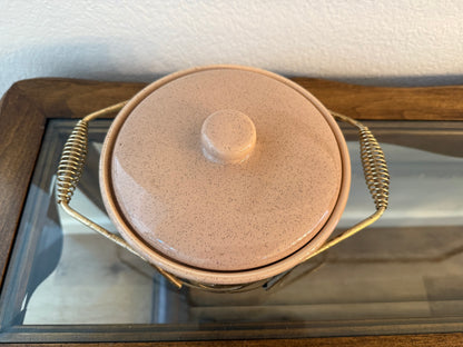 Vintage Bauer Monterey Speckled Pink Ceramic Casserole Dish with Stand