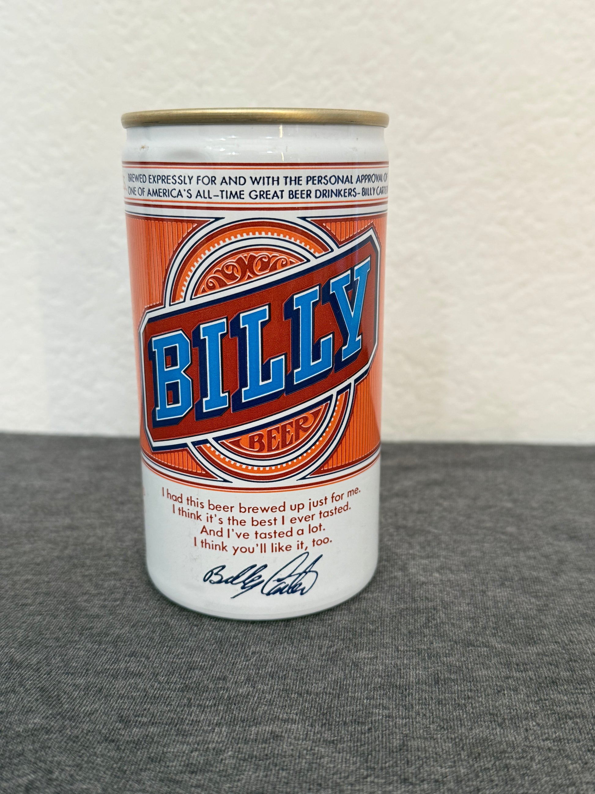 Can of Billy beer on a textured surface