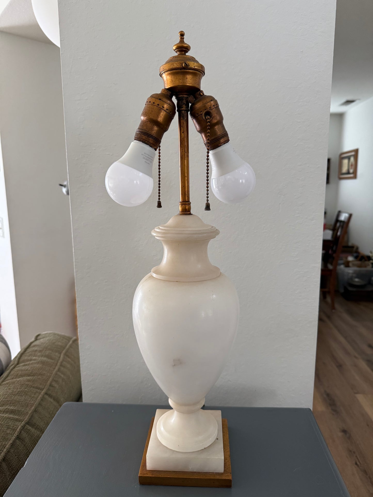 Antique Alabaster Urn Lamp on Marble Base with Dual Sockets