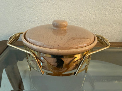 Vintage Bauer Monterey Speckled Pink Ceramic Casserole Dish with Stand