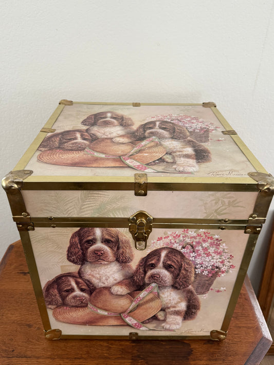 Decorative box with puppy illustrations on a white background