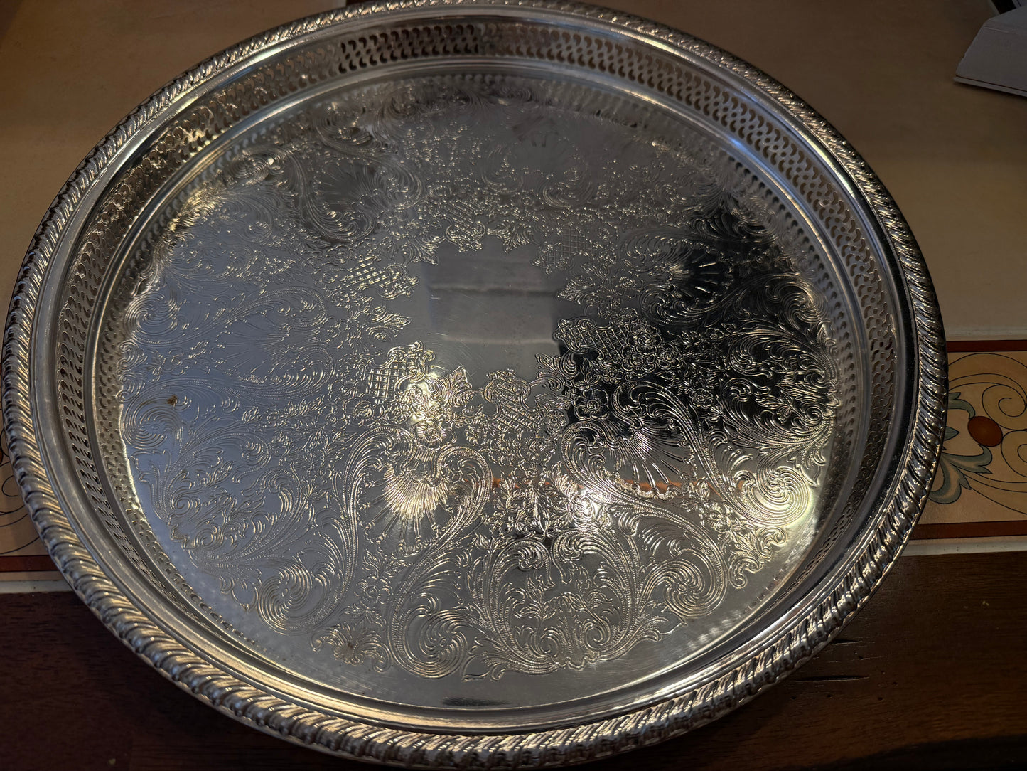 Vintage Wm. Rogers Round Serving Tray with Etched Floral Design